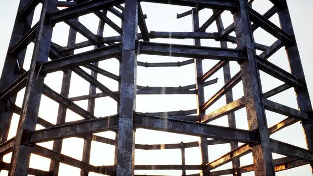 Rusty steel frame construction against bright sky. Building structure, metal construction, architecture, steelwork, industrial, construction site, framework.