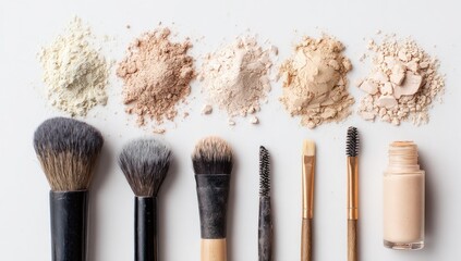 Makeup brushes and various shades of loose powder on a white background.