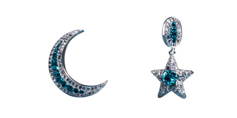 Elegant silver moon and star earrings with blue gemstones on black background Jewelry concept of celestial beauty, fashion accessory, and luxury gift