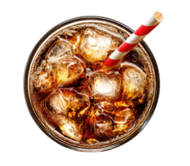 Top-down view of a glass of iced cola with a striped straw