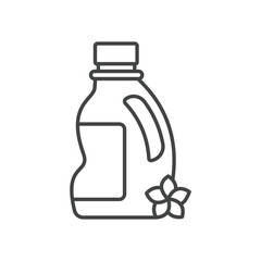 A black outline depicts a laundry detergent bottle with a label and a flower The bottle has a handle and a cap. Editable stroke. Icon vector illustration