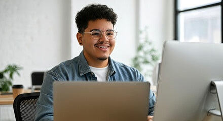 Young Hispanic man with curly hair, wearing glasses, is smiling while working on a laptop in a bright office space, showcasing a positive work environment and modern technology