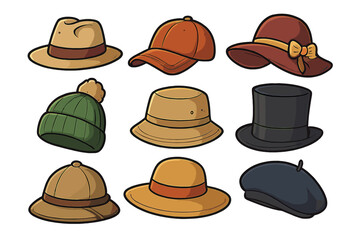 Collection of diverse hats vector icon set. Cartoon headwear fashion includes baseball cap, fedora, beanie, top hat, sunhat, beret, bucket hat. Head accessories.