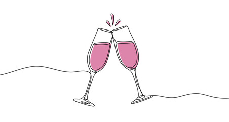 Two clinking rose champagne glasses in one line art style. Drawing with editable black stroke and pink liquid on white background. Vector illustration.