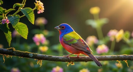 Colorful bird perches on branch amidst blooming flowers in soft, sunlit setting
