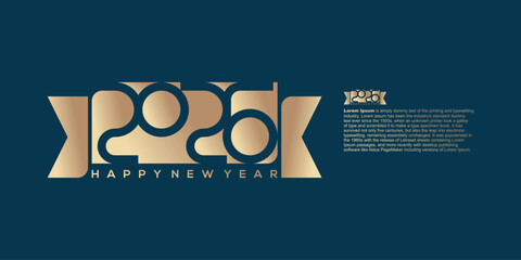 Elegant golden 2026 Happy New Year design with ribbon on a dark blue background.