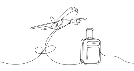 Airplane and suitcase in one line art style. Drawing of airplane and suitcase with editable black stroke on white background. Vector illustration.