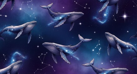 Cosmic whales swimming amid constellations and nebulae on deep blue background