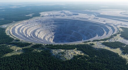 Aerial View of Large Open-pit Mining Quarry Surrounded by Forest and Roads