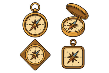 Vector set of vintage compass icons. Cartoon collection for navigation, exploration, and travel themes. Symbol of direction, discovery, journey, adventure, and guidance.