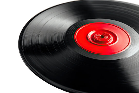 Close-up of a spinning vinyl record with a red label