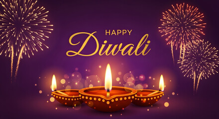A diwali celebration with lit diyas and fireworks against a purple background that says happy diwali