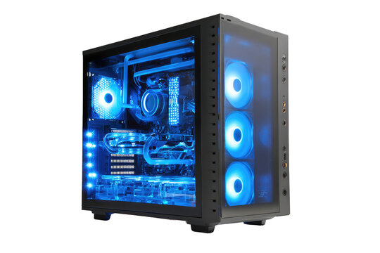 Dark gray computer case, lit with vibrant blue LEDs.  Clear side panel reveals internal components, including cooling system, fans, and motherboard