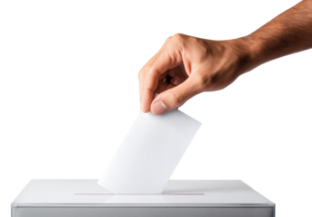 A hand inserts a ballot into a voting box