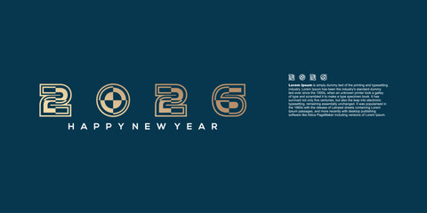 modern golden 2026 Happy New Year design with ribbon on a dark blue background.