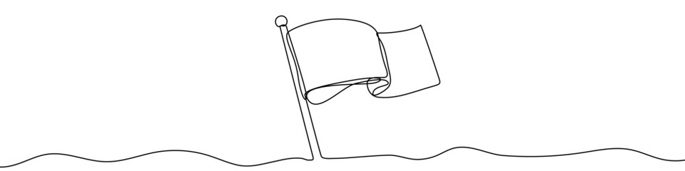 Flag on flagpole in one line art style. Flag drawing with editable black stroke on white background. Vector illustration.