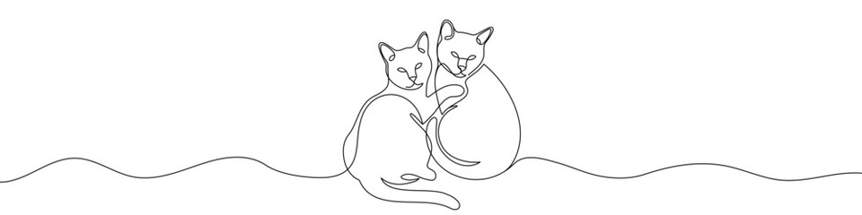 Two cats sitting together in one line art style. Cats drawing with editable black stroke on white background. Vector illustration.