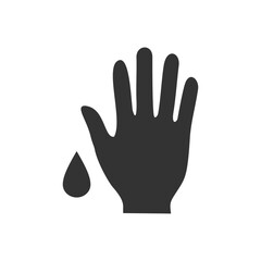 A darkgray silhouetted human hand with an outstretched palm accompanied by a falling droplet. Editable stroke. Icon vector illustration