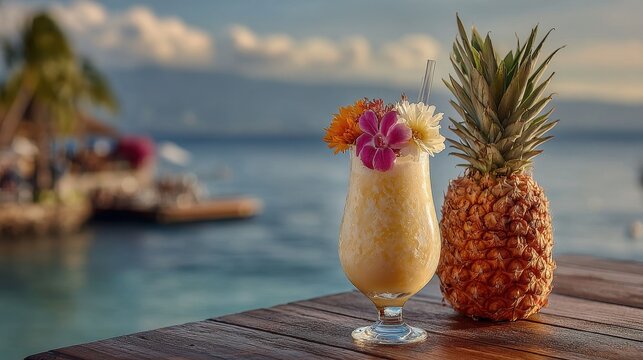 Fresh pineapple cocktail Pina colada served in hollowed pineapple with tropical flowers palm trees and ocean background vibrant vacation theme