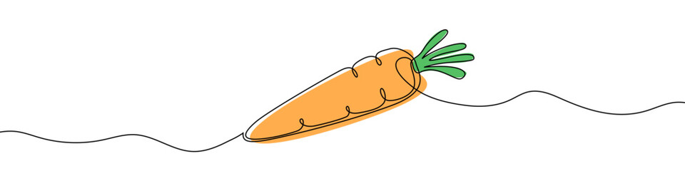 Orange carrot with green top in one line art style. Carrot drawing with editable black stroke on white background. Vector illustration.
