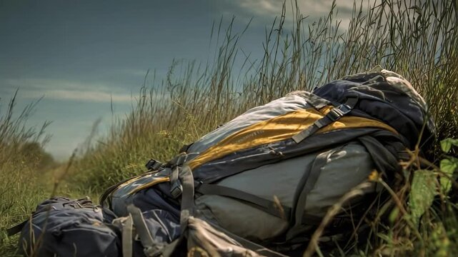 A camping backpack rests on tall grass in an open field beneath a blue sky.