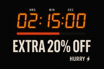 Countdown timer indicating EXTRA 20% OFF discount offer, modern digital style, urgent retail promotion to act fast.