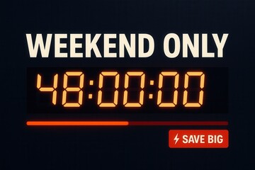Weekend Only countdown banner with 48:00:00 timer and Save Big promotion, sleek digital style, urgent retail discount offer.
