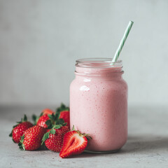 Fresh Strawberry Smoothie juice in Jar with Ripe Strawberries and Striped Straw. natural flavors and freshness.