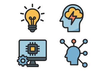 Innovation icon set. Idea, brainstorming, technology, mind process. Business strategy, problem solving. AI, CPU, network concepts. Creative thinking vector illustration.