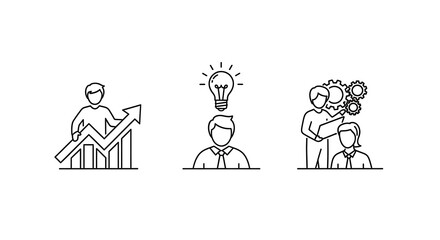 Three business concepts depicted in line art: growth, idea generation, and teamwork and collaboration ai generated