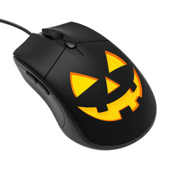 Spooky Halloween computer mouse with glowing jack-o'-lantern face for festive gaming and fun