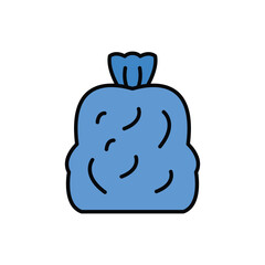 A blue garbage bag icon with black outlines and curved lines. Editable stroke. Icon vector illustration