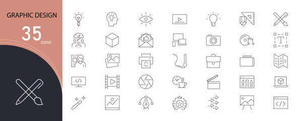 Graphic Design Line Icons Set. Collection of 30 outline icons representing graphic design, creativity, digital art, illustration, tools, and multimedia. Outline vector illustration.