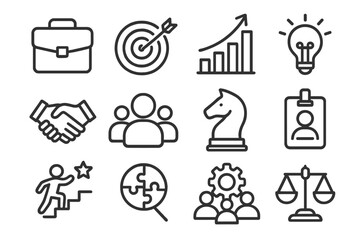 Business line icon set for success and growth. Vector icons for strategy, teamwork, goals, ethics, and management. Thin outline style symbols for corporate development.