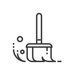 A broom icon with a handle and cleaning head dust particles are scattered. Editable stroke. Icon vector illustration