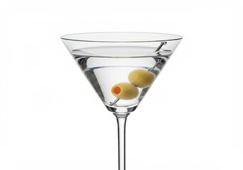 A clear martini glass, filled with a refreshing drink, holds two olives on a toothpick, showcasing a sophisticated and elegant beverage.