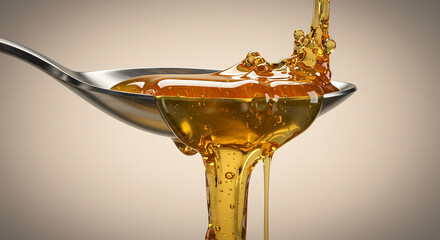 Close-up of golden honey dripping from a spoon