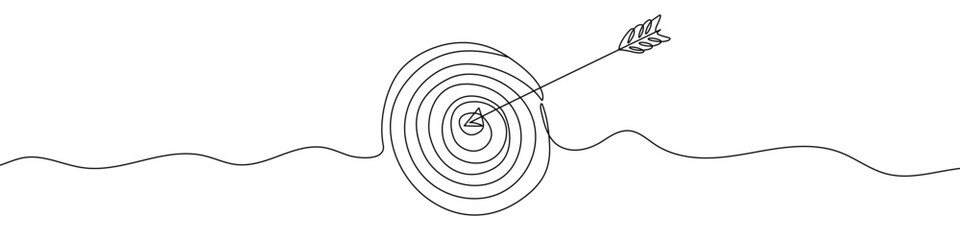 Arrow hitting target in one line art style. Drawing of arrow and target with editable black stroke on white background. Vector illustration. © chekman