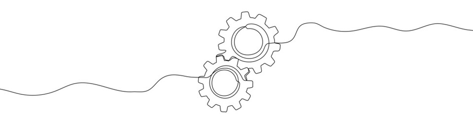 Two connected gears in one line art style. Gears drawing with editable black stroke on white background. Vector illustration.