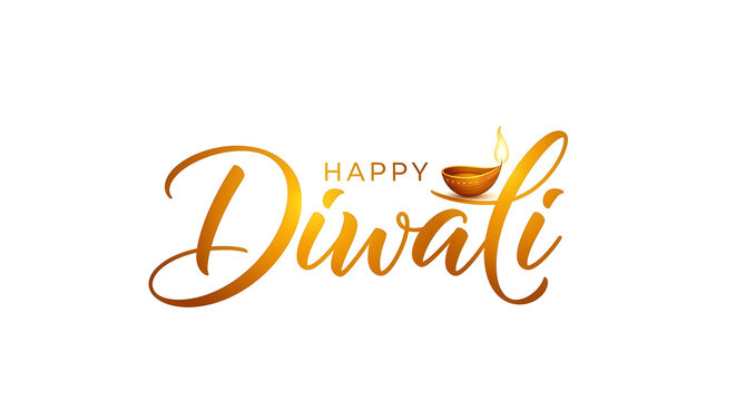 Celebratory happy diwali text with a golden diya lamp flame on a white background illustration