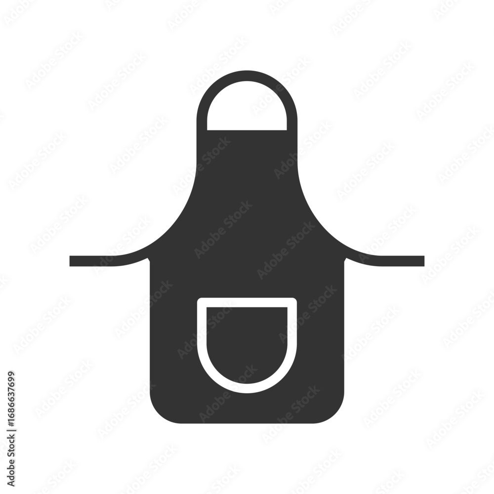 Poster a dark gray apron icon it has a rounded neck loop rectangular top and a front pocket horizontal exte