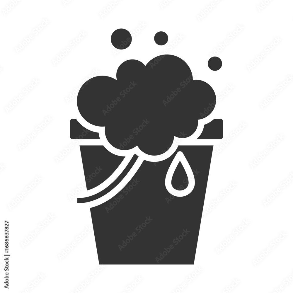 Poster a dark gray bucket with suds overflowing and a water drop on the side bubbles float above. editable 