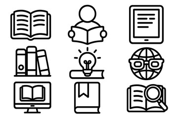 Reading and knowledge icons. Education, e-learning symbols. Library, research, study concept. Online course, digital book, literature, encyclopedia, science vector pictogram set.
