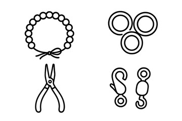 Handcrafted jewelry making outline icon set. Vector line art of DIY supplies for beading and friendship bracelets. Includes pliers tool, jump rings, and clasp closures.