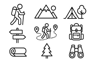 Hiking adventure line icon set. Outdoor exploration and camping symbols. Vector collection for trekking, nature travel. Includes mountain, tent, backpack, trail signs, binoculars.