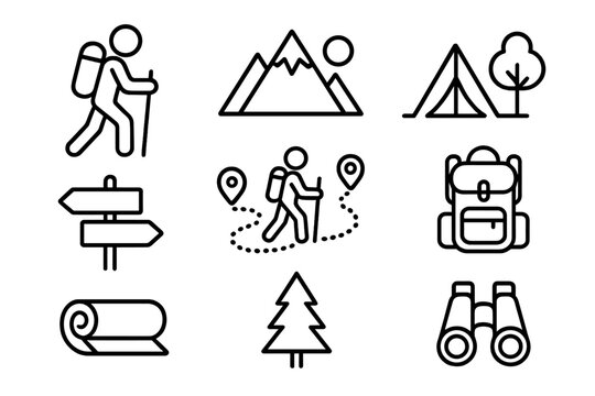 Hiking adventure line icon set. Outdoor exploration and camping symbols. Vector collection for trekking, nature travel. Includes mountain, tent, backpack, trail signs, binoculars.