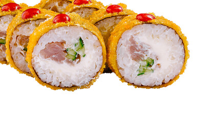 Tempura maki sushi rolls presenting filling on white background
