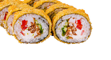 Tempura sushi rolls showing filling on white background