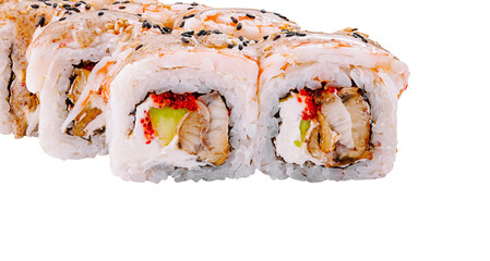 Sushi rolls containing eel, shrimp, sesame seeds, and cream cheese standing in a row