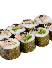 Delicious sushi rolls with sauce and sesame seeds on white background